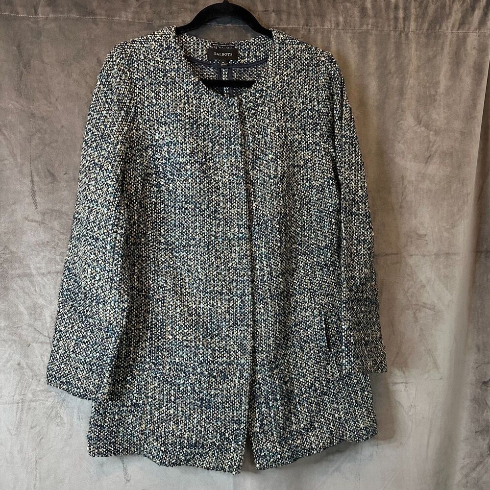 Talbots Blue Teal Textured Tweed Jacket Sz12 Chic Old Money Career Wear Classy